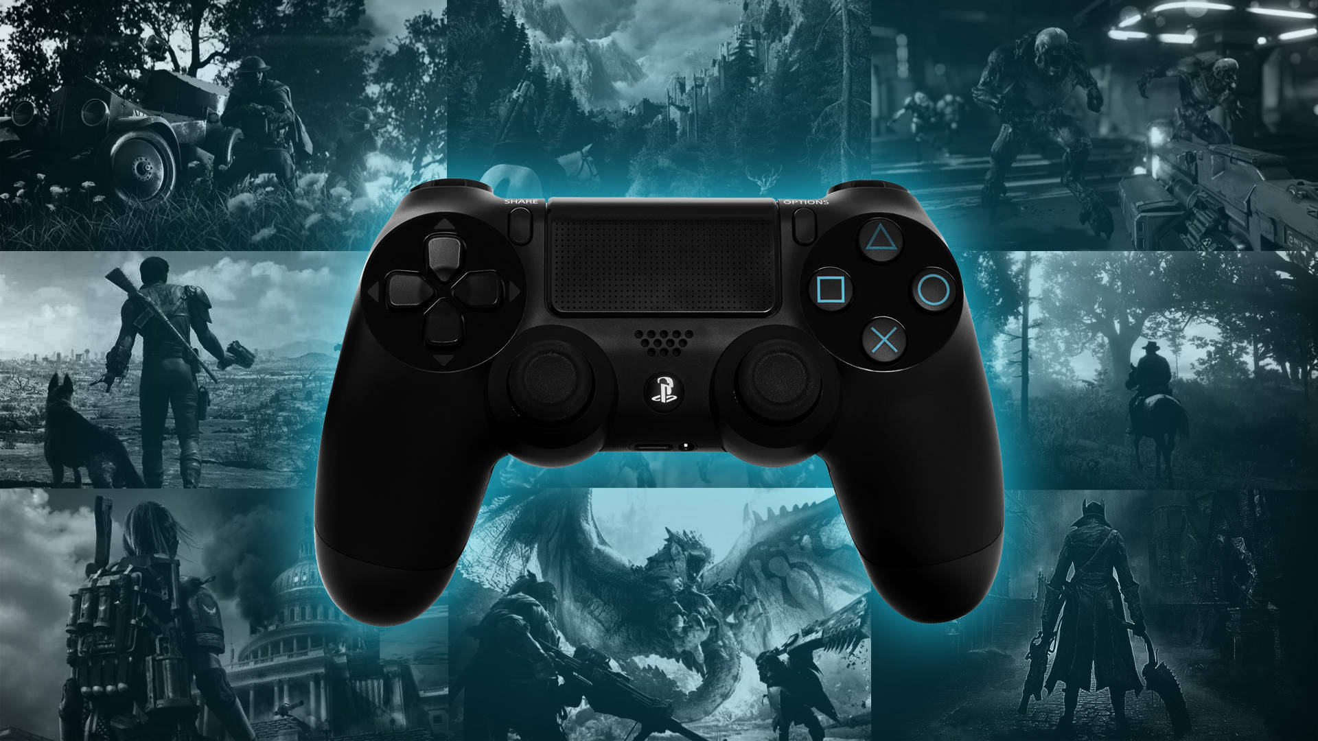 Геймпад DualSense на фоне коллекции дисков PlayStation
